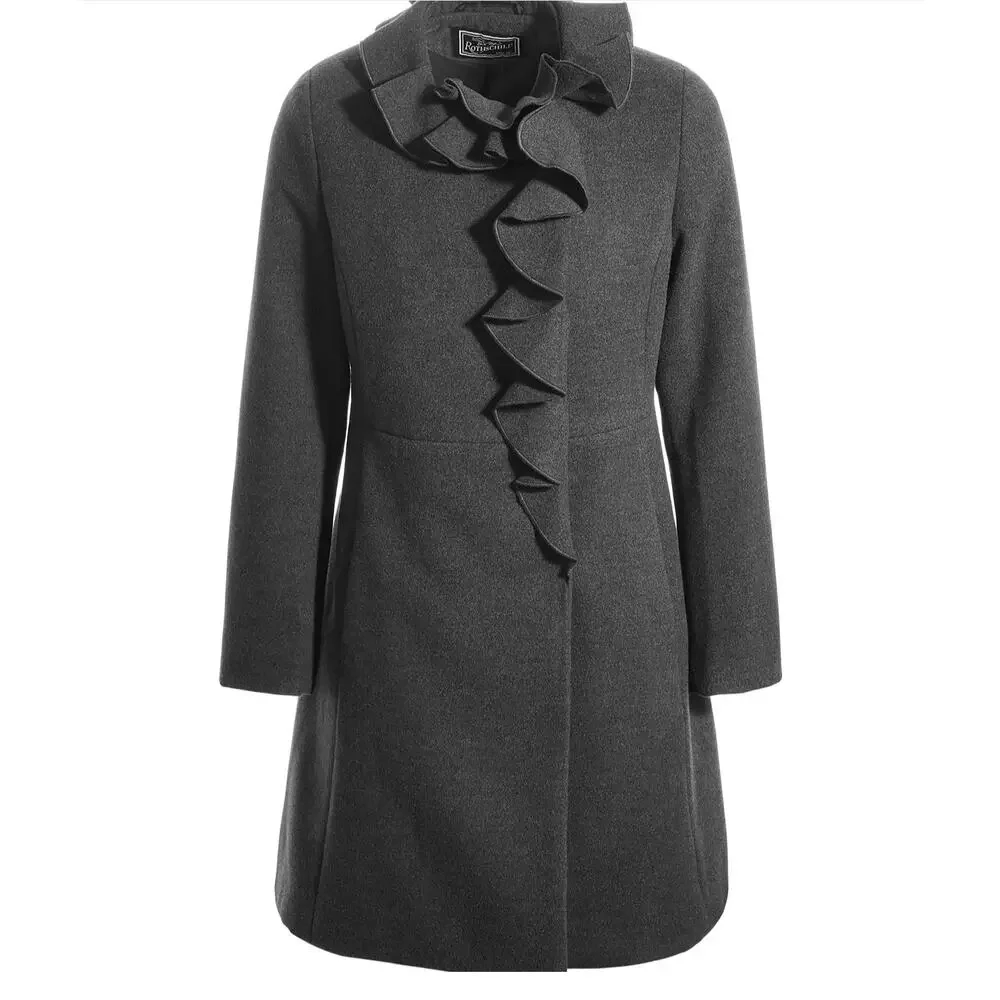 DKNY Walker Women's Coat Ruffle Wool Blend Stand Up Collar Overcoat - Picture 2 of 8